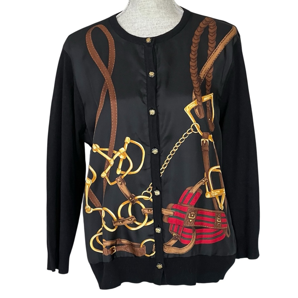 Lauren Ralph Lauren Belting Print Equestrian Silk Cashmere Cardigan Sweater Top